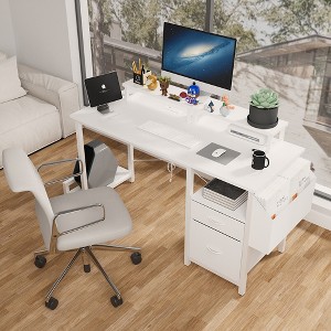 Racxily 47.3"Office Desk with Power Outlet, 2 Monitor Stands,2 Drawers,Side Pocket, for Home Desk, Computer Desk, Game Table, White - 1 of 4
