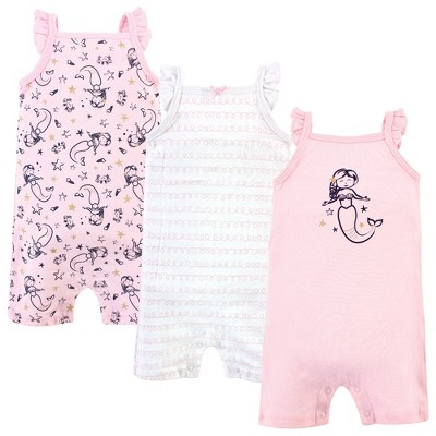 Hudson Baby Infant Girl Cotton Rompers 3pk, Pink Mermaid