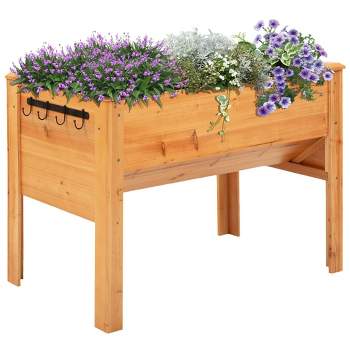 Outsunny 48" Fir Wood Raised Garden Bed with Tool Hooks, Elevated Planter Box Stand with Unique Funnel Design for Backyard, Patio to Grow Vegetables