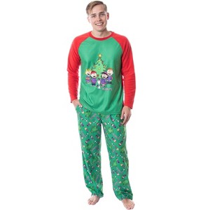 Peanuts Mens' Christmas Holiday Season Sing Along Sleep Pajama Set Green - 1 of 4