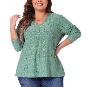 Agnes Orinda Women's Plus Size Long Sleeve Hollow Out V Neck Blouse - 1 of 4