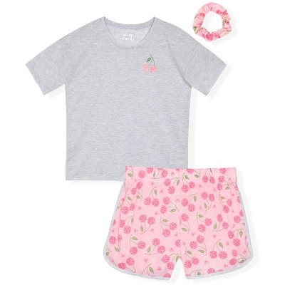 Sleep On It Girls 2-Piece Short-Sleeve Jersey Pajama Shorts Set with Matching Hair Scrunchie -  Cherries , 10-12