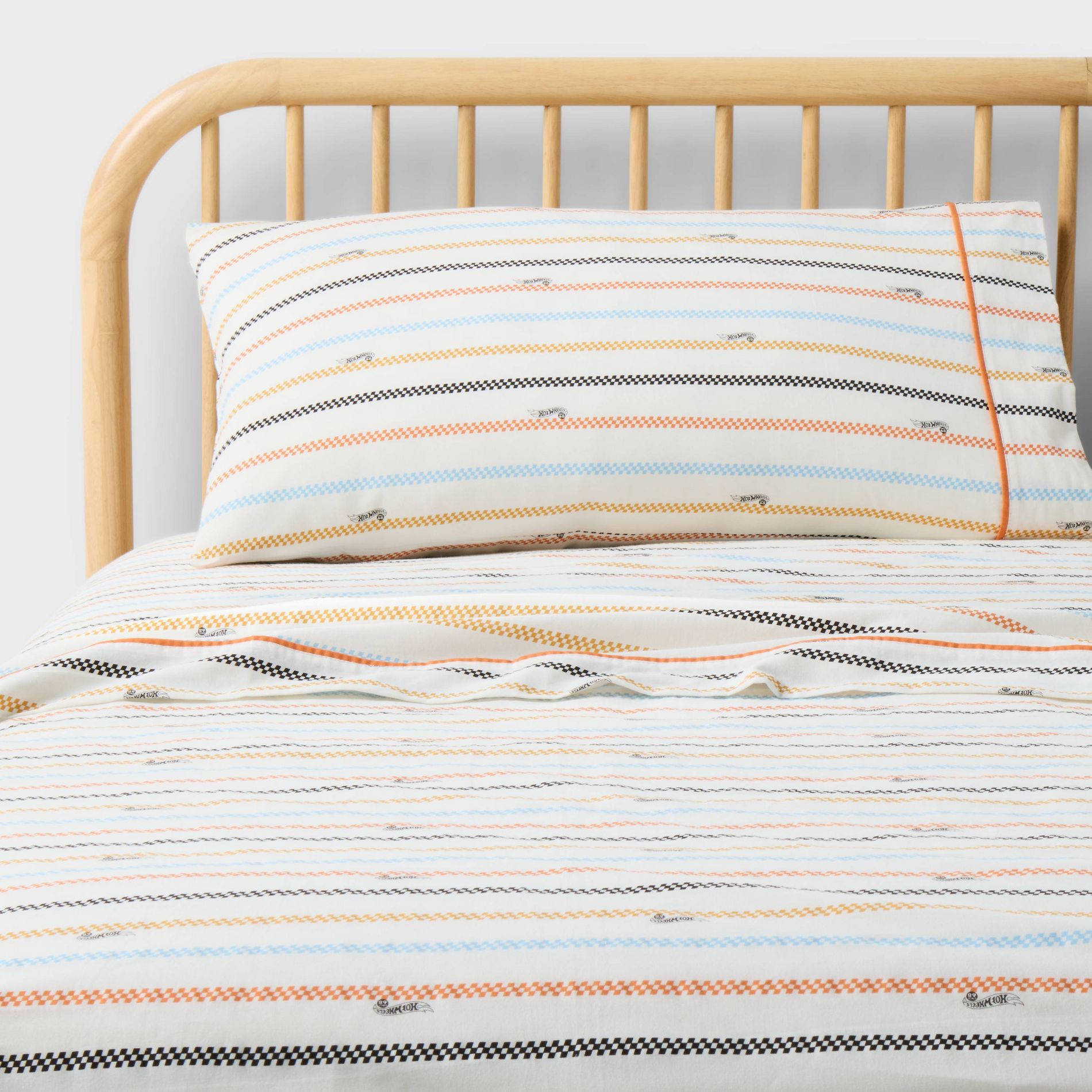 Hot Wheels Retro Checkered Stripe Kids' Cotton Sheet Set Cream - Hot Wheels by Pillowfort™
