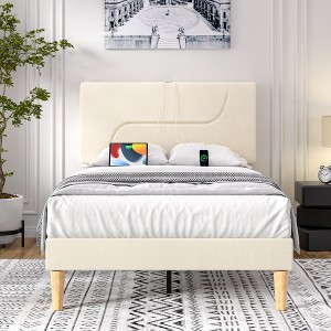 VECELO Twin/Full/Queen Size Bed Frame, Metal Platform Bed with LED Lights, Upholstered Velvet Headboard with Charging Station, Gray/Beige - 1 of 4
