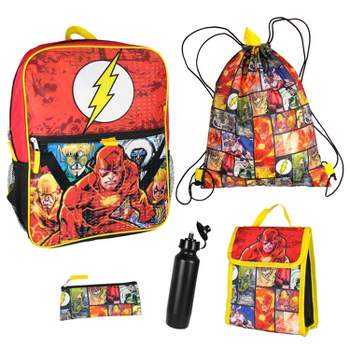 DC Comics The Flash 16" Backpack Cinch Bag Water Bottle Lunch Tote 5 Pc Set Red