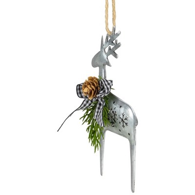 Silver Metal Reindeer Ornament with Pine and Gingham Bowtie
