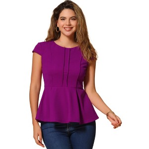 INSPIRE CHIC Women's Elegant Round Neck Cap Sleeve Solid Color Peplum Blouses - 1 of 4