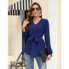 Womens Tops Long Sleeve V Neck Tunic Blouse Tie Waist Tops Retro Pelpum Tops Lantern Sleeve Blouse with Front Tie Knot,Navy - 2XL - 2 of 4