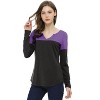 Allegra K Women's Casual Color Block Stretch Long Sleeves Split V-Neck T-Shirt - 3 of 4