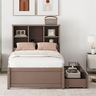 Modern Twin Size Bed Frame,Double Bed With Storage,Bed Frame With Charging Ports,Headboard With Storage,Bookshelf Headboard-Cuddlewood