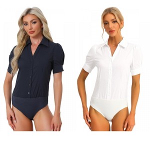 Allegra K Women's Office Button Down One-Piece Short Sleeve Bodysuit Work Shirt 2 Packs - 1 of 4
