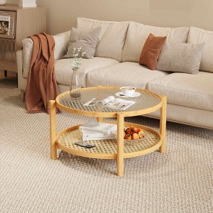 Angel Sar Rattan Coffee Table with Glass Top, 2-Tier Bamboo End Table with PVC Woven Shelf, Round Modern Living Room Table for Home Office, Natural - 1 of 4