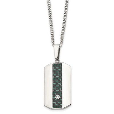 Black Bow Jewelry Stainless Steel, Black/Green Carbon Fiber & CZ Dog Tag Necklace, 24 In