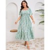Women's Plus Size Maxi Dress Square Neck Short Sleeve Smocked Flowy Boho Floral Print Casual Summer Wedding Party Dresses - 3 of 4