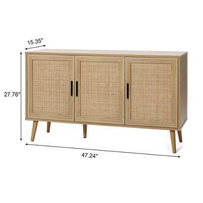 Light Oak 3-Door Rattan and Wood Sideboard Cabinet