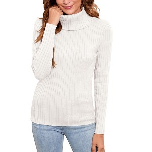 Womens Pullover Sweater Turtle Neck Long Sleeve Sweater Ribbed Knit Sweater,White - 2XL - 1 of 4