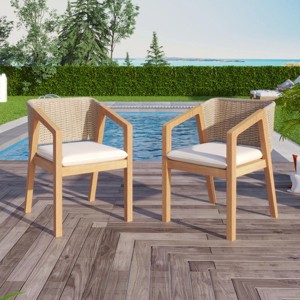 Coolbibila Modern Teak Wooden Fabric Upholstered Dining Chair Set of 2,Indoor Rope Back Kitchen Dining Room Chair,Cushion Outdoor Dining Chair - 1 of 4