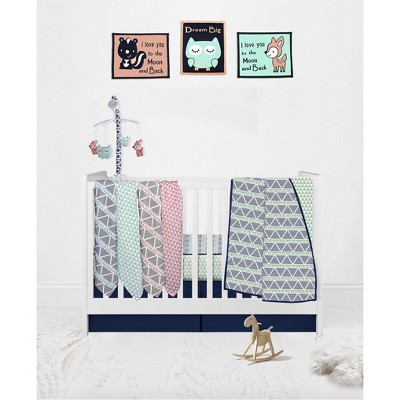 Bacati - Girls Triangles Mint Navy 10 pc Crib Bedding Set with 4 Swaddling Blankets