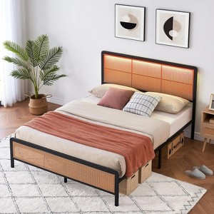 Jojoka Rattan Bed Frame with Headboard, Modern Style Cane Boho Bed Frame with Heavy Duty Sturdy Steel Slat Support, No Box Spring Needed - 1 of 4