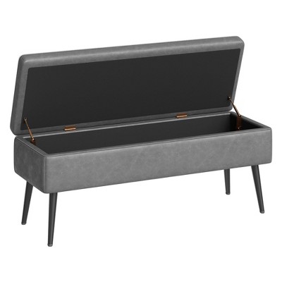 Storage Ottoman Bench, Mid-Century Modern Entryway Bedroom Bench, Synthetic Leather with Stitching, Safety Hinges