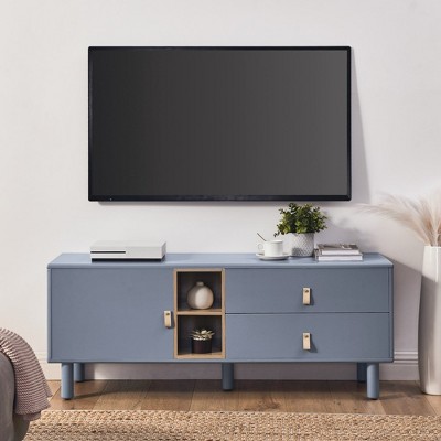 TV Stand, Entertainment Center With Leather Handles, Solid Wood Round Legs, 2 Compartments and Drawers