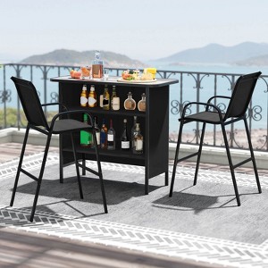 Costway 3 PCS Outdoor Bar Set Bar Height Table & Armchairs with Footrest 2-Tier Shelf Brown/Black/Gray - 1 of 4