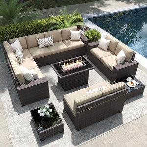 LayinSun 13 Pieces Outdoor Patio Furniture Set with 44" Fire Pit Table Rattan Sectional Sofa Conversation Sets - 1 of 4