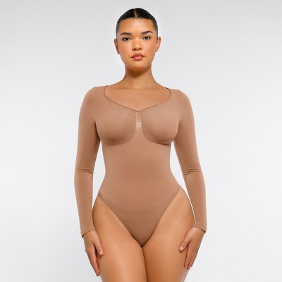 Feelingirl Women's Seamless Long Sleeve Compression Thong Shapewear Bodysuit Black XS