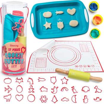 Baketivity Cookie Cutter Set For Kids, 24 Assorted Cookie Cutters Holiday Themes - With Rolling Pin, Silicone Baking Pan, and Non-Stick Baking Mat
