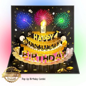 3D Pop Up Fireworks Birthday Cards, Blowable Cake Birthday Card with Music and Multicolor LED Lights Envelope and Blank Wish Card for Women, Kids, Men - 1 of 4
