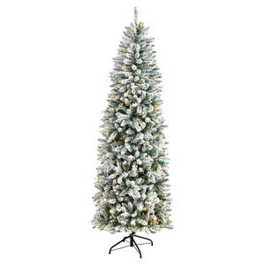 7ft. Slim Flocked Fir Artificial Christmas Tree with 300 Warm White LED Lights & 995 Branches – Sleek Winter Holiday X-Mas Glow - 1 of 4