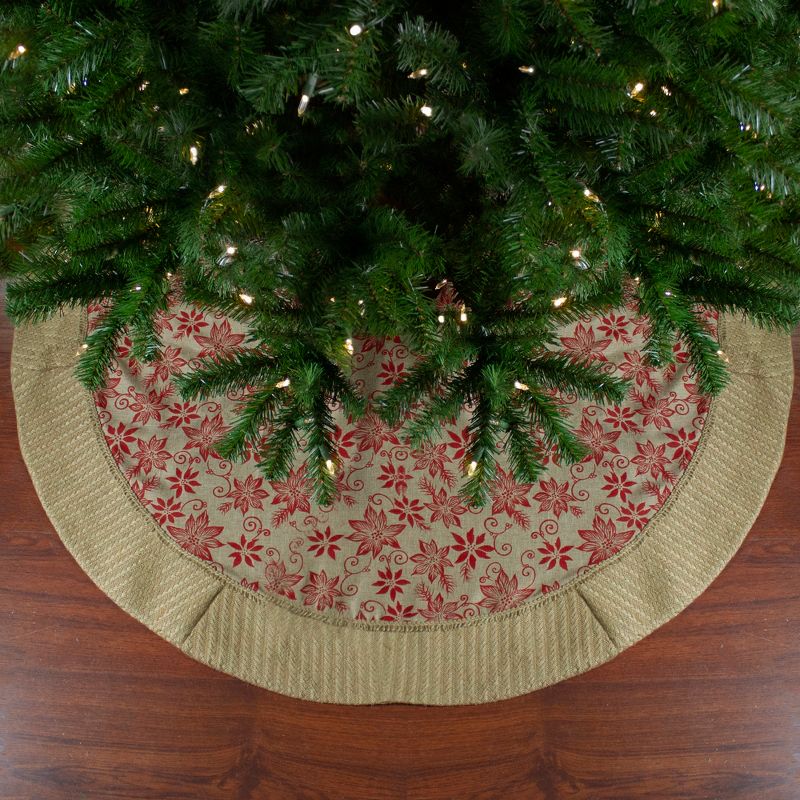 Northlight 48" Tan and Red Rustic Burlap Poinsettia Christmas Tree Skirt, 1 of 5