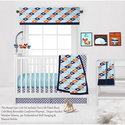 Bacati - Aztec Print Liam Aqua Orange Navy 10 pc Crib Bedding Set with 2 Crib Fitted Sheets