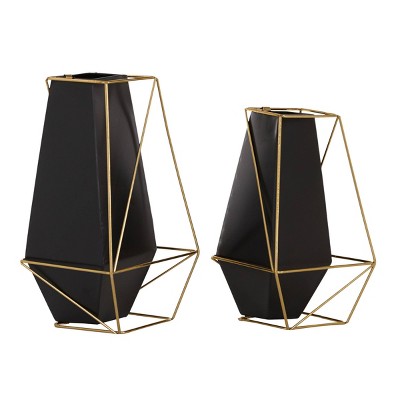 Eclectic Black and Gold Metal Geometric Vase Duo