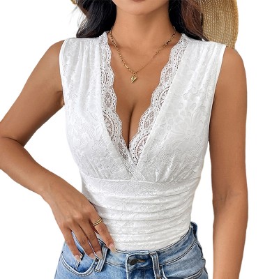 Clearlove Women'S See Through Lace Bodysuits Sleeveless Deep V Neck Body Suits.