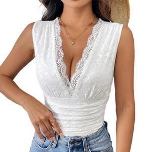 Clearlove Women'S See Through Lace Bodysuits Sleeveless Deep V Neck Body Suits. - 1 of 4