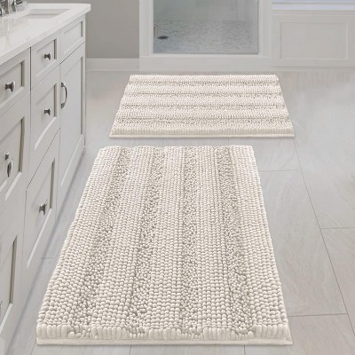 Attop Bathroom Rugs, Bath Mat Set of 2 Extra Thick Chenille Striped Pattern Shaggy Bath Rugs for Bath Room
