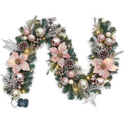 GAOMON Christmas Garland with Lights, 6ft Prelit Outdoor Christmas Garland with Timer 20 LED Lights Pinecones Rose Gold Ball Ornaments