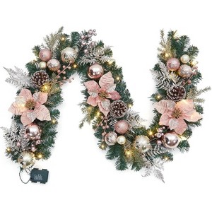 GAOMON Christmas Garland with Lights, 6ft Prelit Outdoor Christmas Garland with Timer 20 LED Lights Pinecones Rose Gold Ball Ornaments - 1 of 4