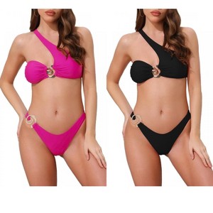 INSPIRE CHIC Women's Asymmetric One Shoulder Metallic Decoration Triangle Bottom Swimwear Bikini Suits 2 Sets - 1 of 4