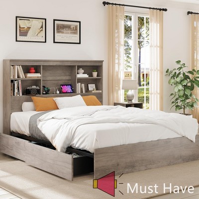 Jojoka Bed Frame with 51"H Bookcase Headboard, Wood Bed Frame with 4 Storage Drawers, Built in Charging Station,No Box Spring Needed
