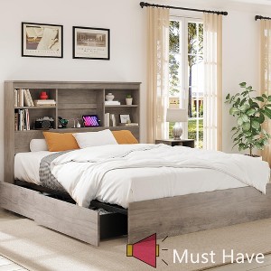 Jojoka Bed Frame with 51"H Bookcase Headboard, Wood Bed Frame with 4 Storage Drawers, Built in Charging Station,No Box Spring Needed - 1 of 4