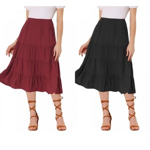 INSPIRE CHIC Women's Midi Solid Elastic Waist Flare Tiered A-Line Skirt with Pockets 2 Packs - 1 of 4