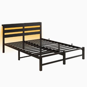 APRILSOUL  Metal Bed Frame with Wooden Headboard,  Storage Shelf, Noise-Free, No Box Spring Needed - 1 of 4