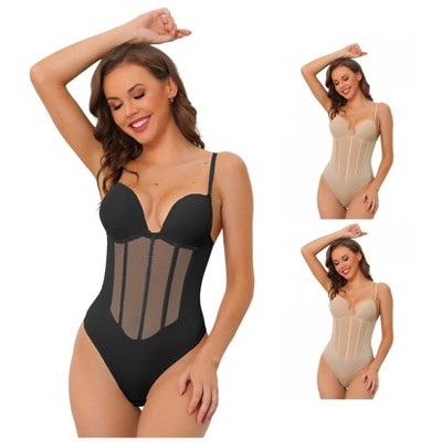INSPIRE CHIC Women's Mesh Panel Leotard Jumpsuit Top Bodysuit Tummy Control Sculpting Body Shaper Shapewear Thong 3 Packs