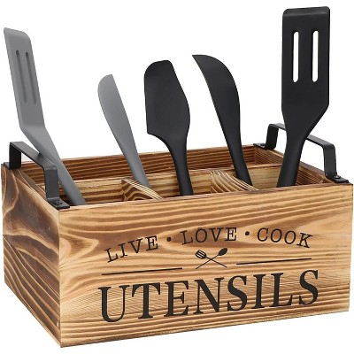 LunaLulinlk Wood Utensil Holder, Silverware Organizer with 4 Compartments for Kitchen Counter, Farmhouse Wood Flatware Utensil Organizer Storage