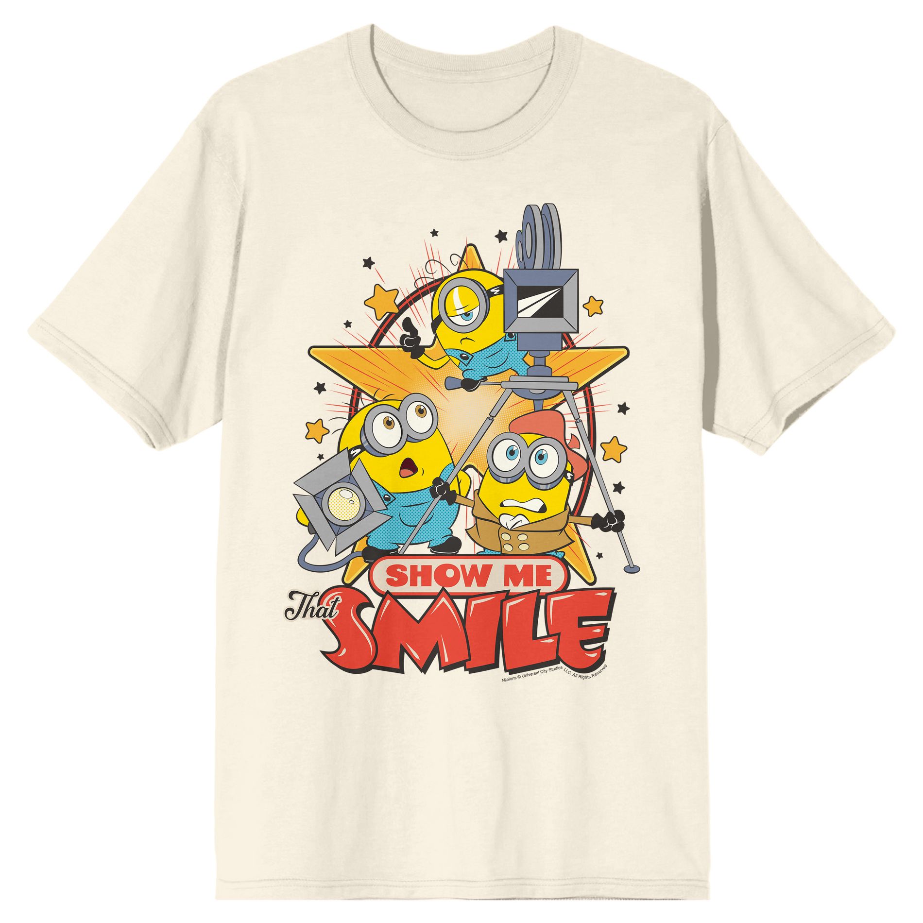 Minions 3 Men's Show Me Your Smile Graphic Tee - Vintage Distressed Screen Print, Crew Neck Short Sleeve, Officially Licensed