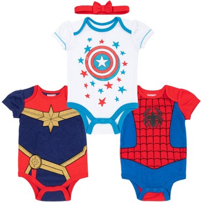 Marvel Avengers Captain Marvel Captain America Spider-Man Baby Girls Bodysuit and Headband Newborn to Infant