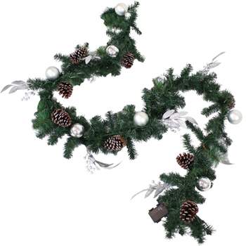 Sunnydaze Indoor Pre-Lit Artificial Christmas Garland with Frosted Pinecones and Silver Berries and Bulbs - 9'