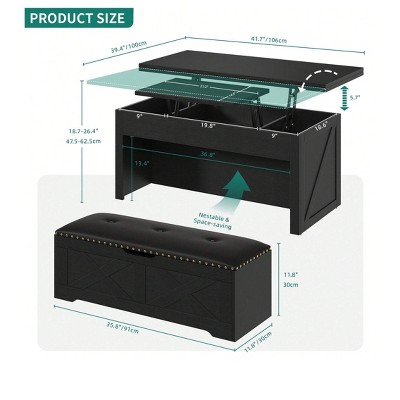 Farmhouse Living Room Center Lift Top Coffee Table Set with Storage Ottoman Bench with Hidden Compartment